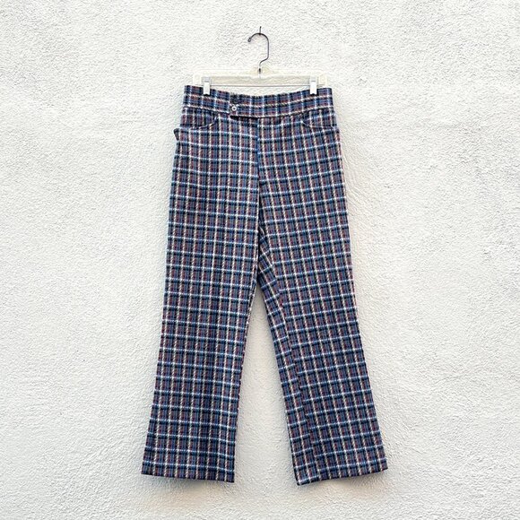 Vintage 70s Men's Plaid Polyester Flare Leisure Pants Trousers 32